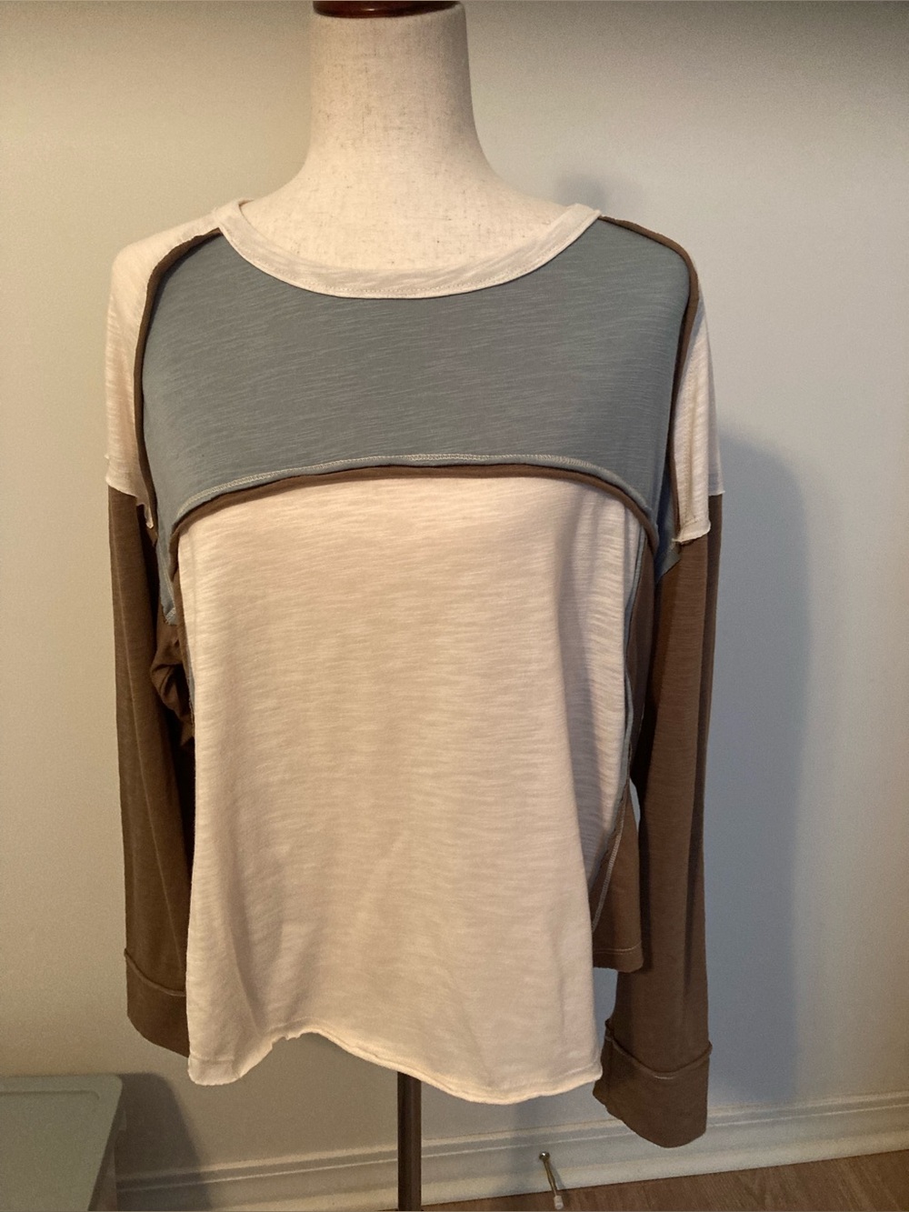 In Loom Cream, Dusty Blue & Brown Colorblock Long-Sleeve Top